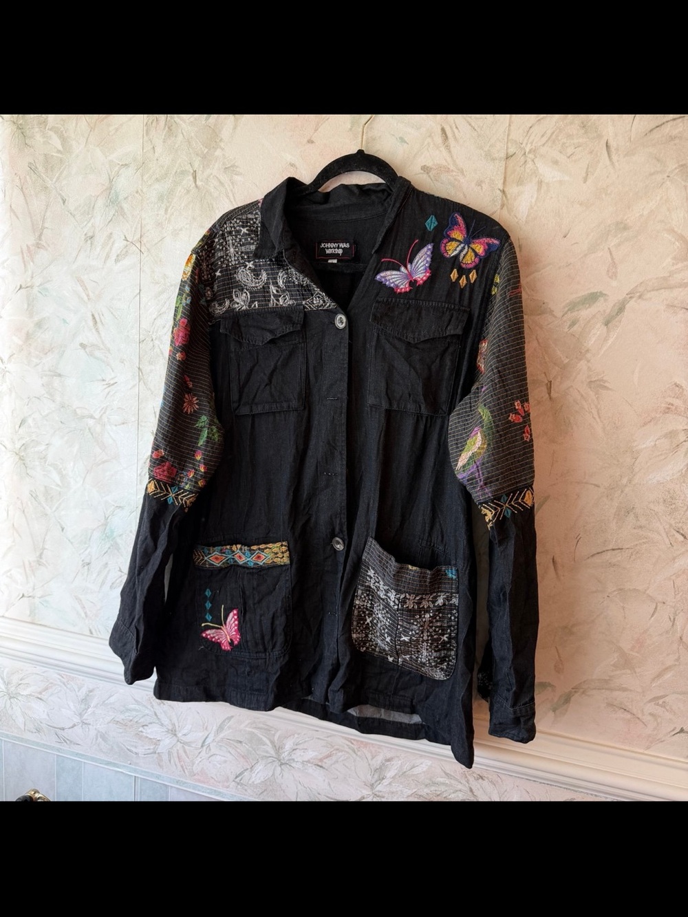 Johnny Was Workshop Butterfly Embroidered Jacket Shacket Button Up Size Large